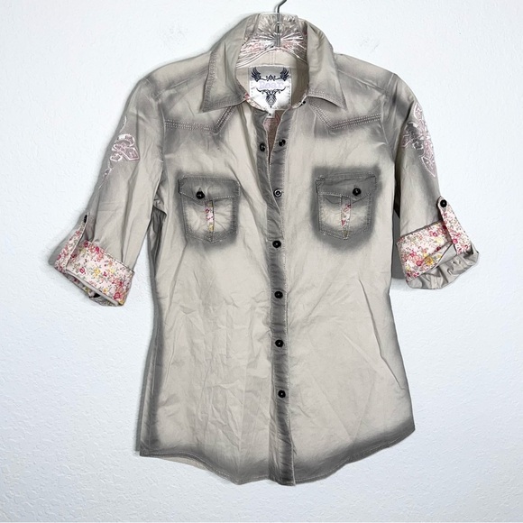 Roar Shirt Womens Small Button Up Embroidered Western Cowgirl Floral Cream Gray - Picture 1 of 8